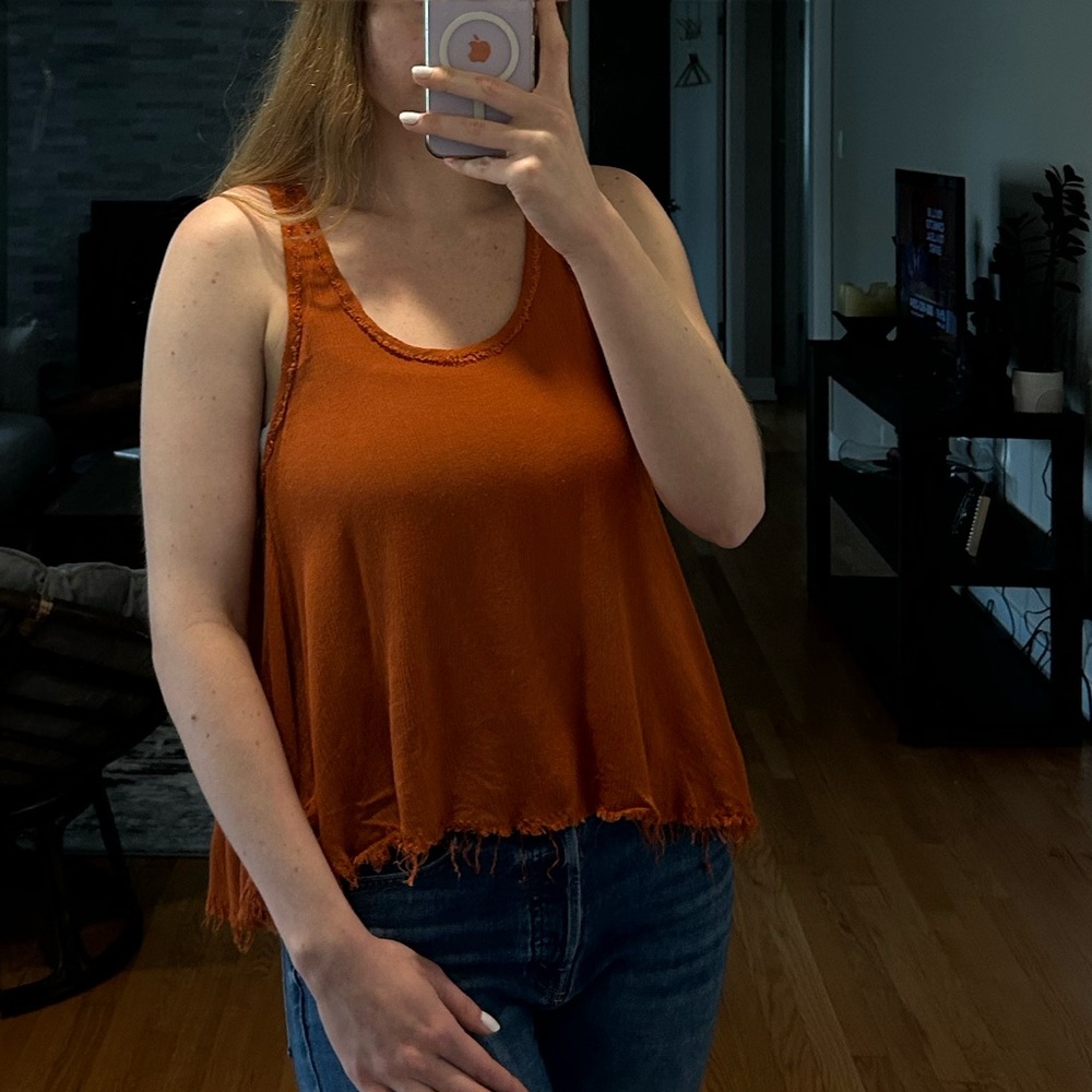 Forever 21 Orange Flowy Tank Top with Distressed Bottom Hem size M